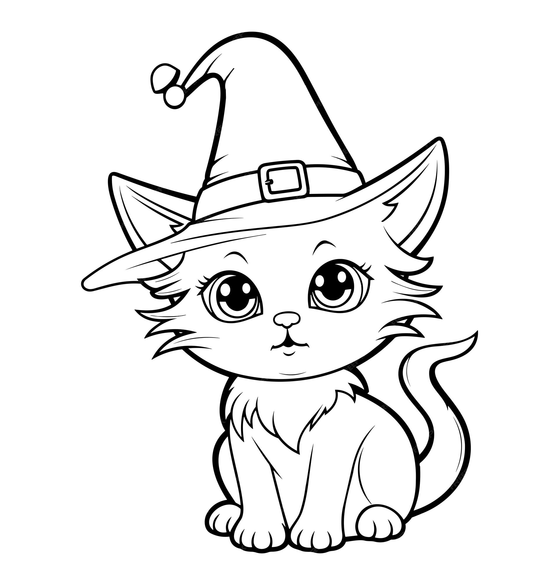 Premium vector cat of witches coloring page for kids