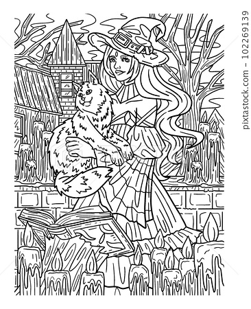 Halloween witch with cat coloring page for adults