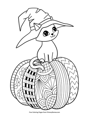 Witch hat cat on pumpkin coloring page â free printable pdf from