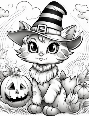 Happy halloween cat witch coloring page