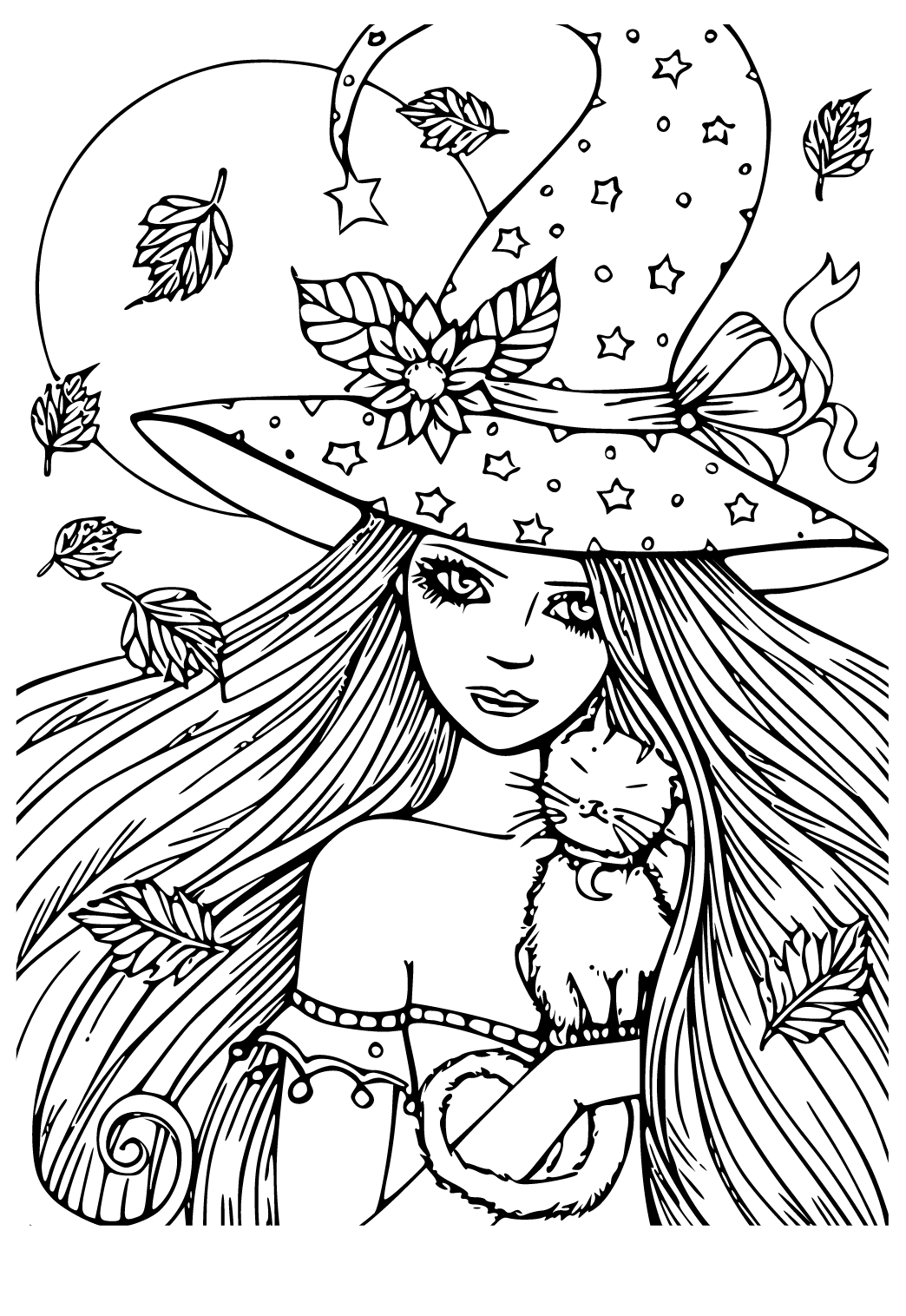 Free printable witch cat coloring page for adults and kids