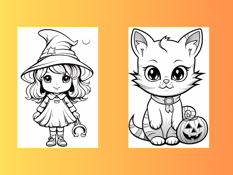 Witch and cat halloween colouring pages teaching resources