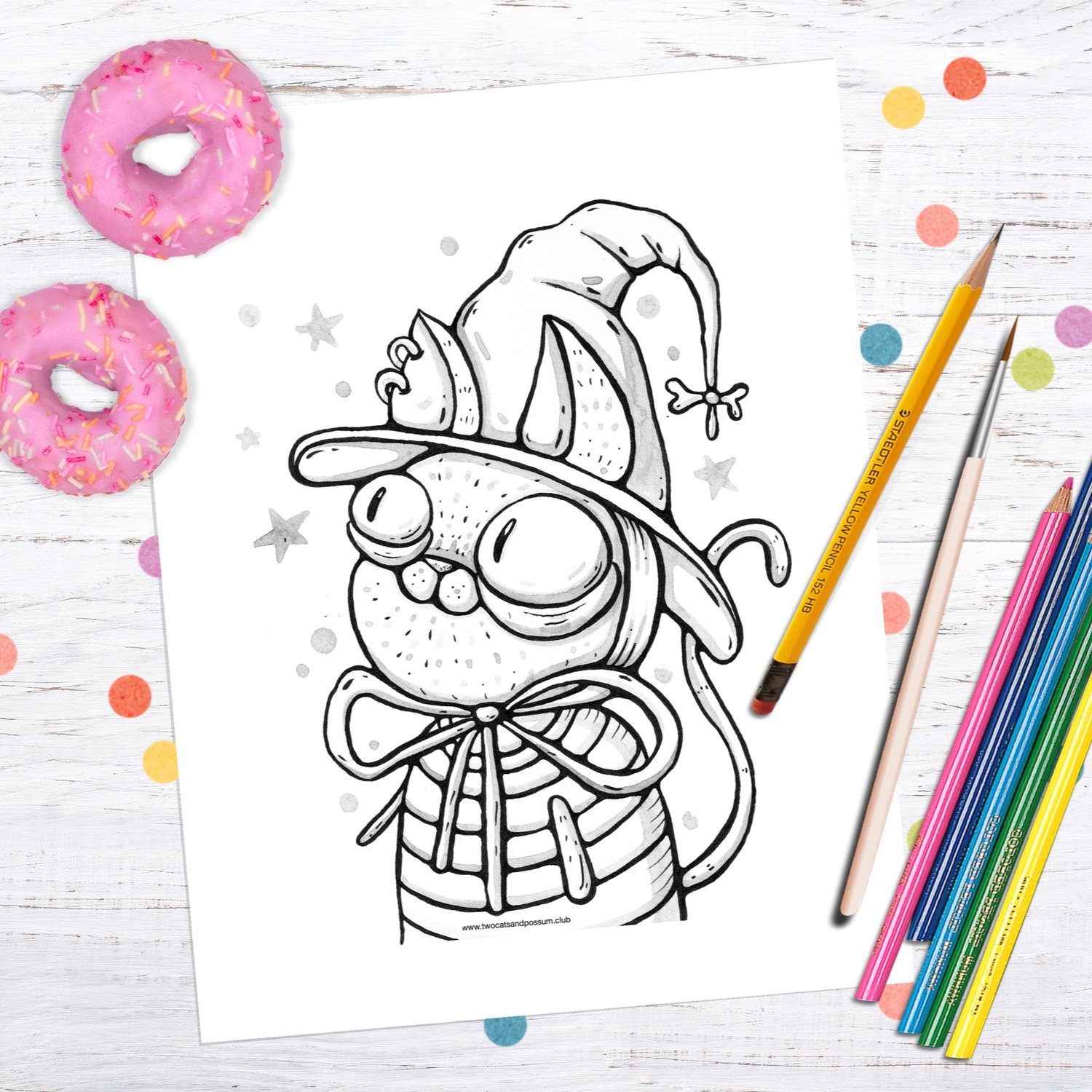 Cute witch cat hand drawn greyscale printable coloring page