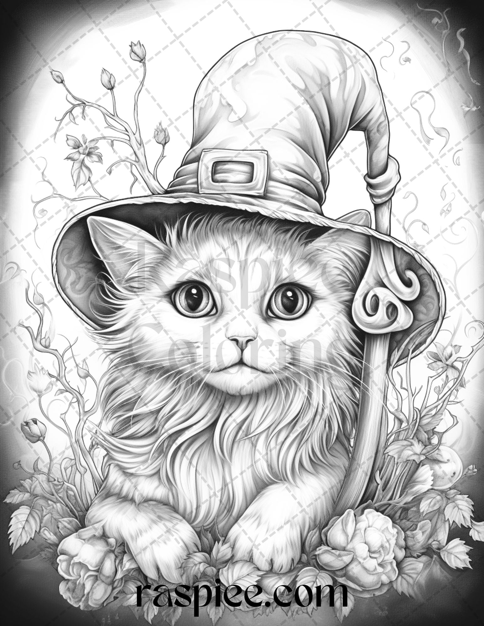 Halloween witch cat grayscale coloring pages printable for adults â coloring