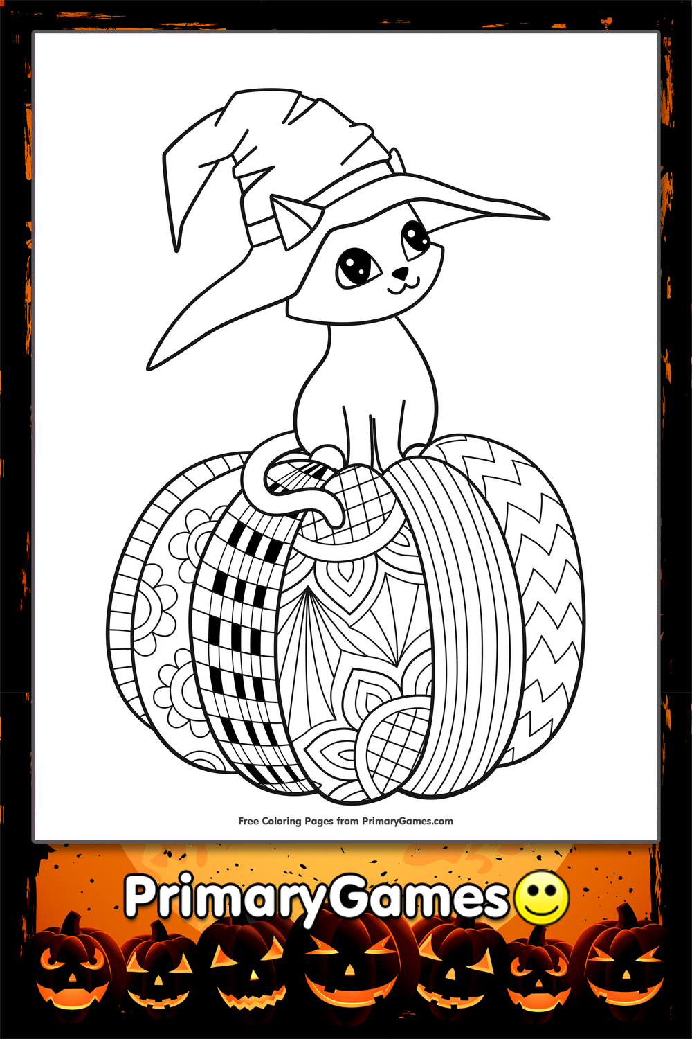 Witch hat cat on pumpkin coloring page â free printable pdf from