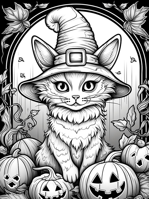 Halloween cat witch coloring page