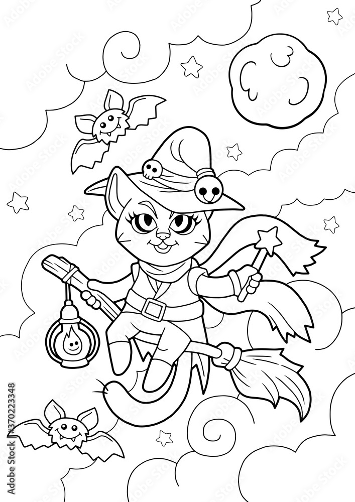 Cute cartoon cat witch coloring book funny illustration vector