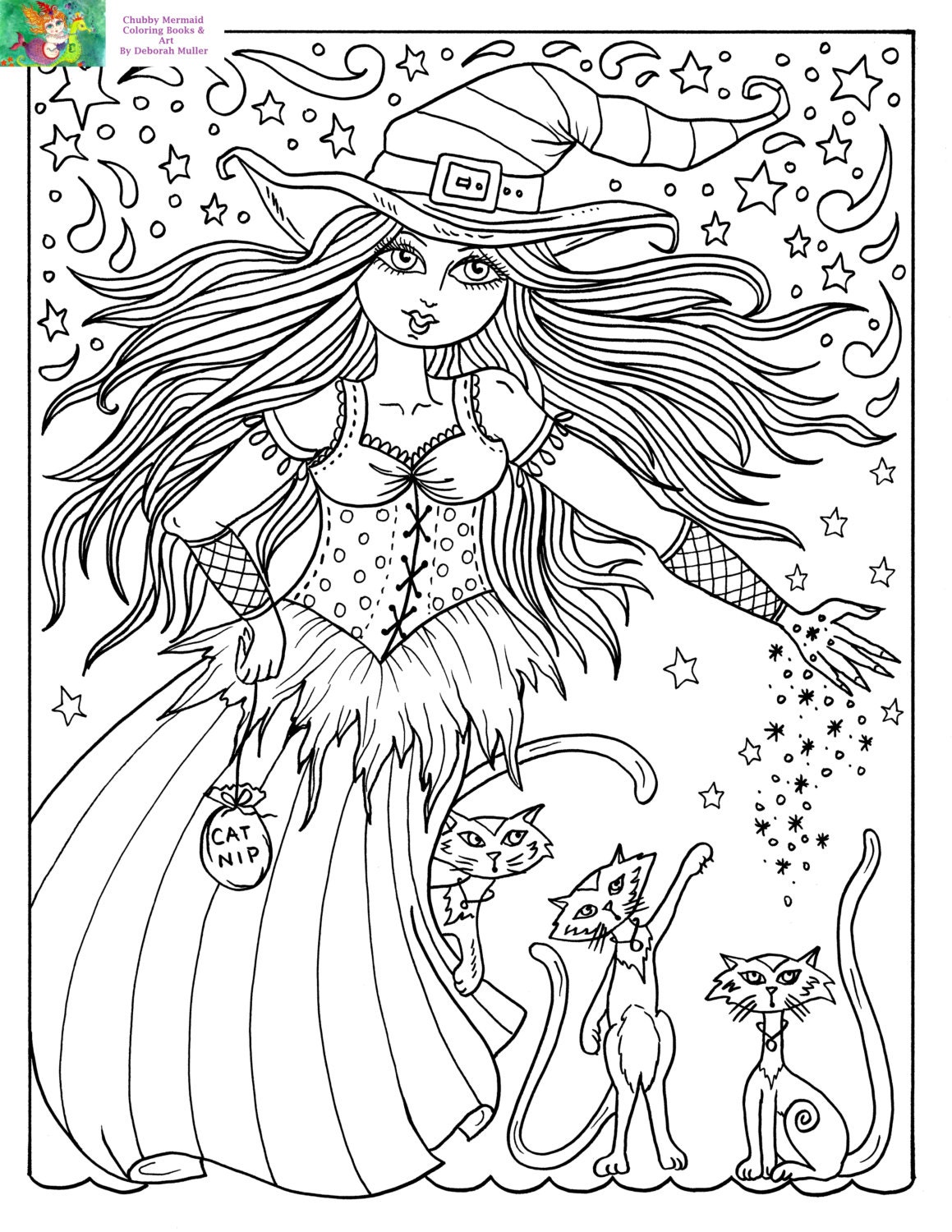 Downloadable coloring page witch and cats halloween fun coloring books adultsdigitaldigistampscat