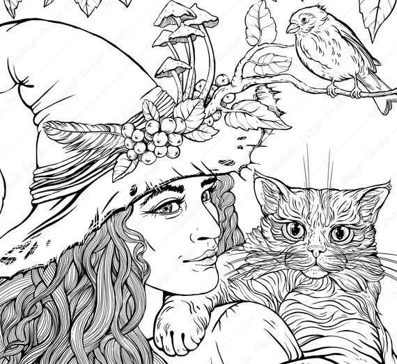 Coloring page of the forest witch with a cat pdf coloring page printable coloring page adult coloring page digital download