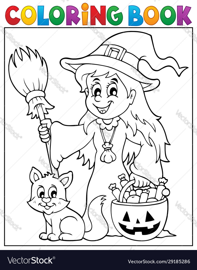 Coloring book cute witch and cat royalty free vector image
