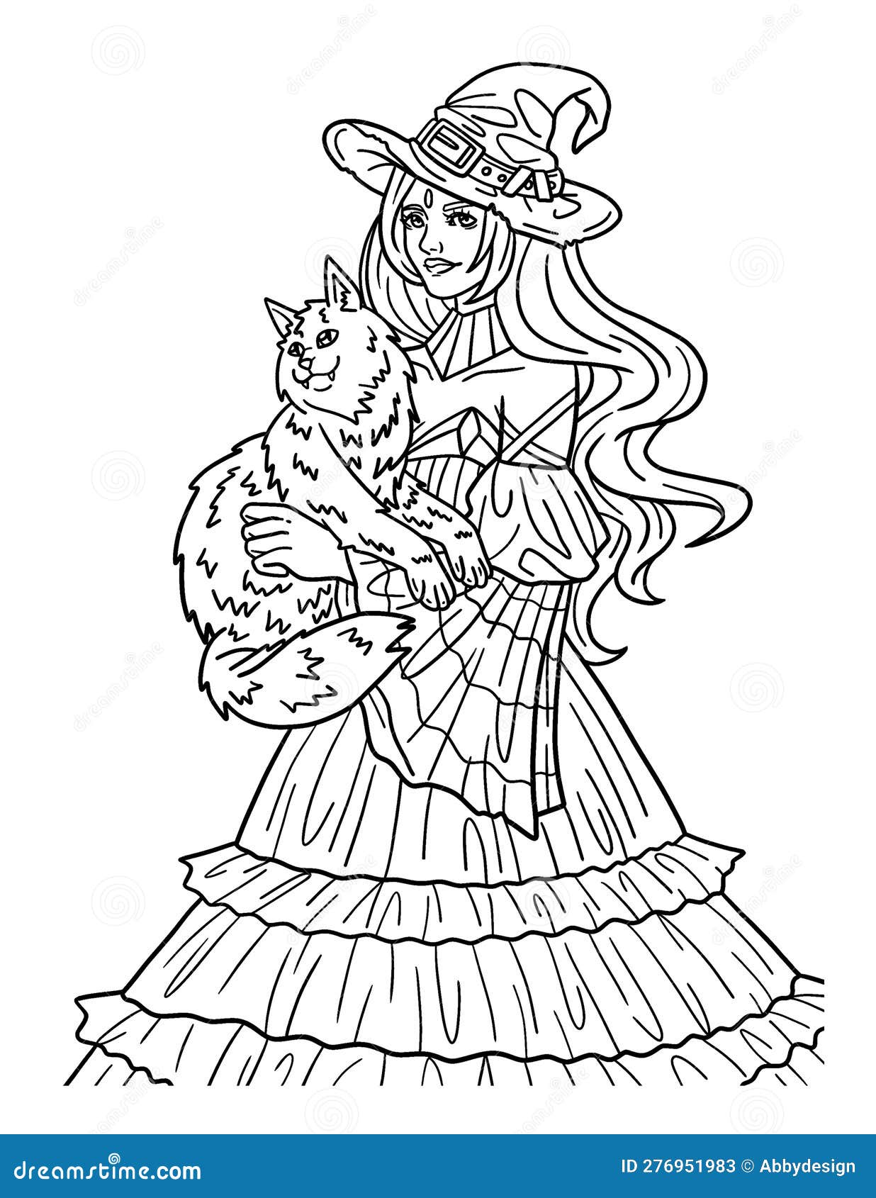Halloween witch with cat isolated coloring page stock vector
