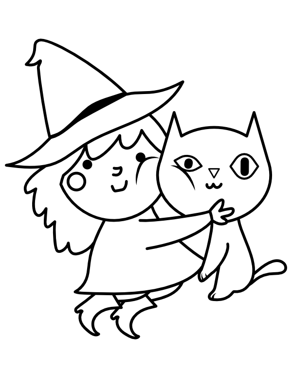 Printable cute witch and cat coloring page
