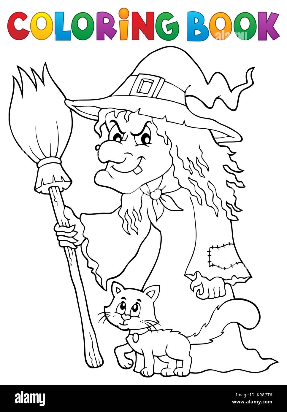 Coloring book witch with cat and broom stock photo