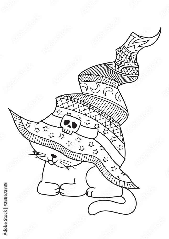 Halloween coloring book page cat in the witch hat vector