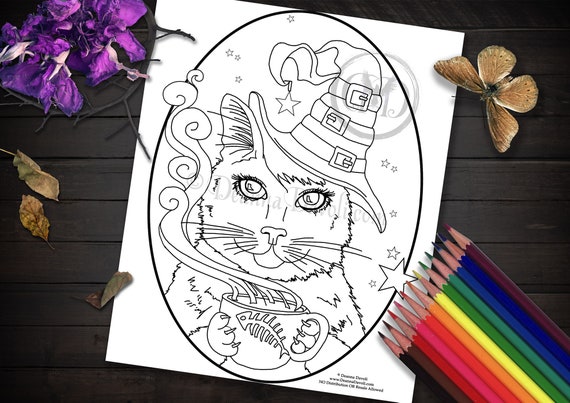 Black cat coloring page witch cat art printable coloring page animal coloring page halloween cat jpg adult coloring page