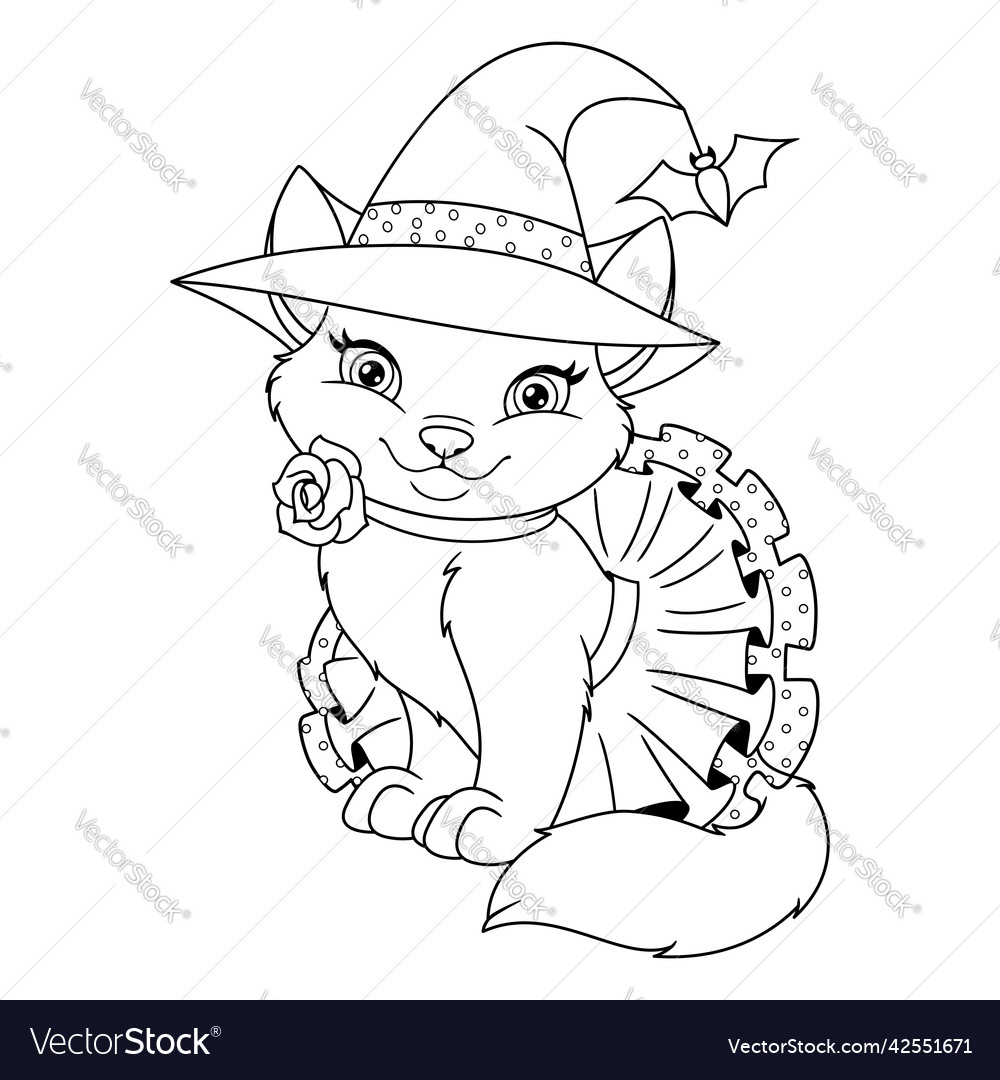 Cat dressed as halloween witch coloring page vector image