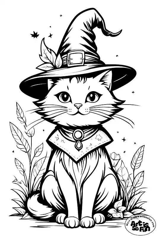 Cat in a witch hat coloring page art is so fun