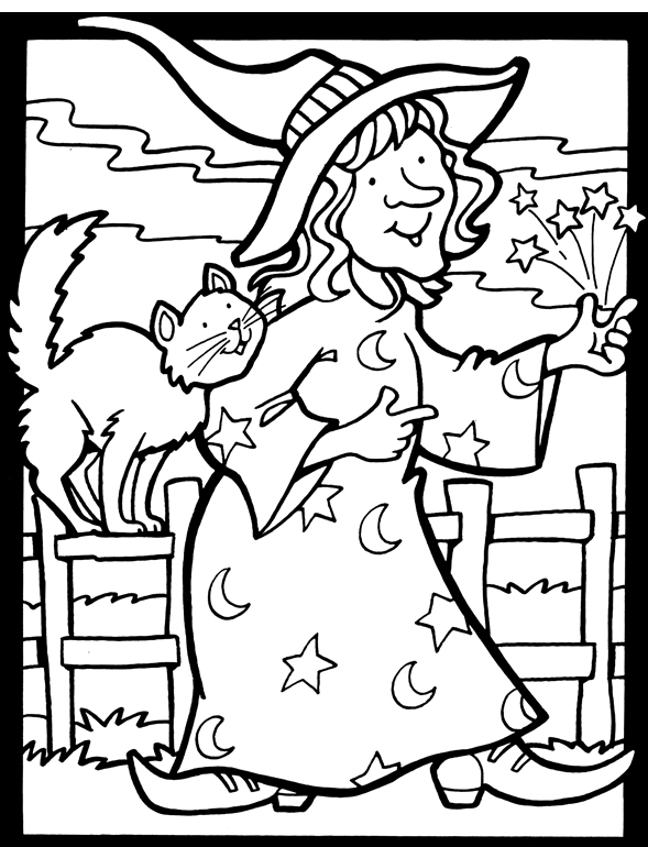 Download witch and cat halloween coloring page â