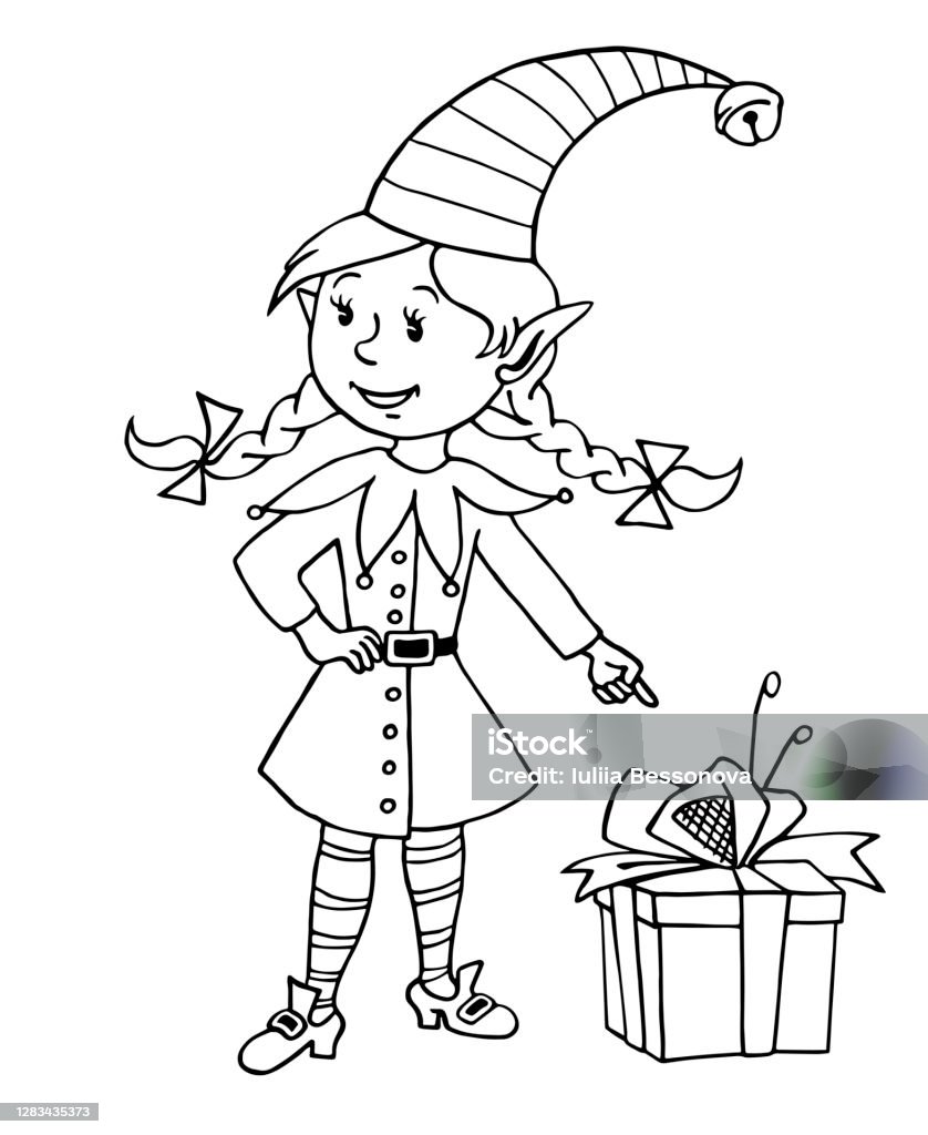 Cute little christmas elf girl vector hand drawn outline cartoon character simple illustration for new year and xmas design greeting cards calendars prints childrens coloring book stock illustration