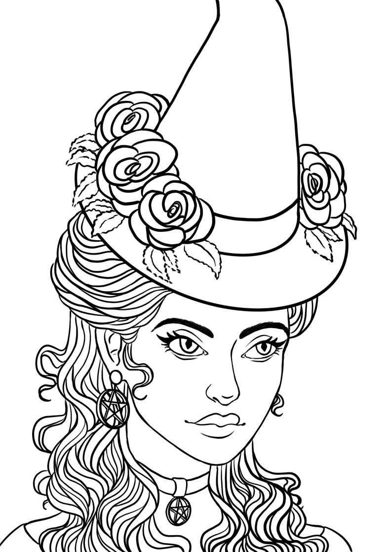 Victorian witch coloring page