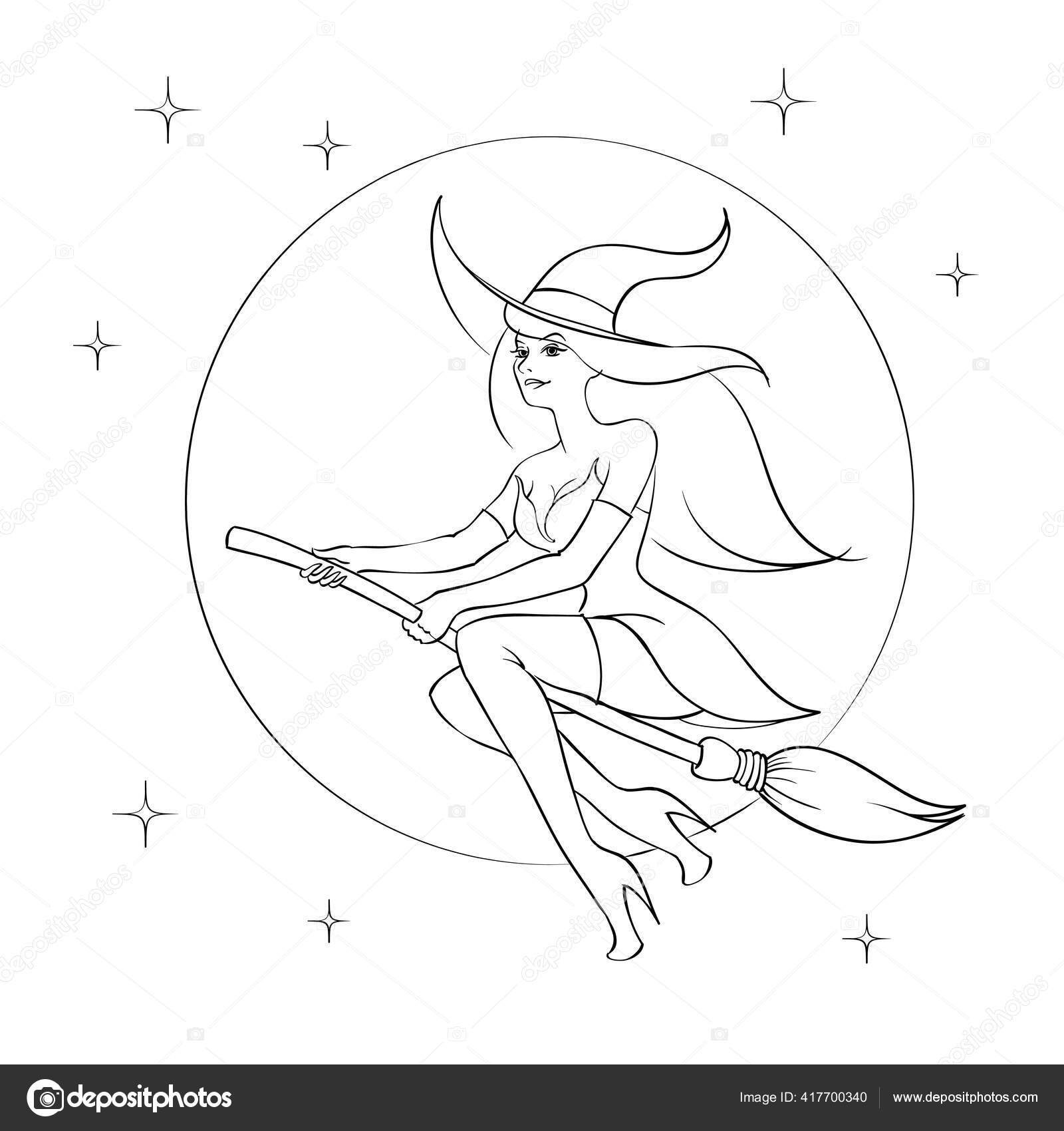 Halloween coloring book page witch broomstick cut out white background stock vector by linaflerova