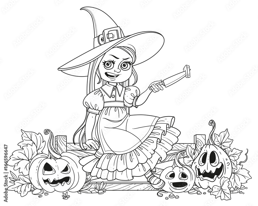 Cute girl in witch costume sitting on the fence with a knife and cut the lantern from a pumpkin outlined coloring page vector