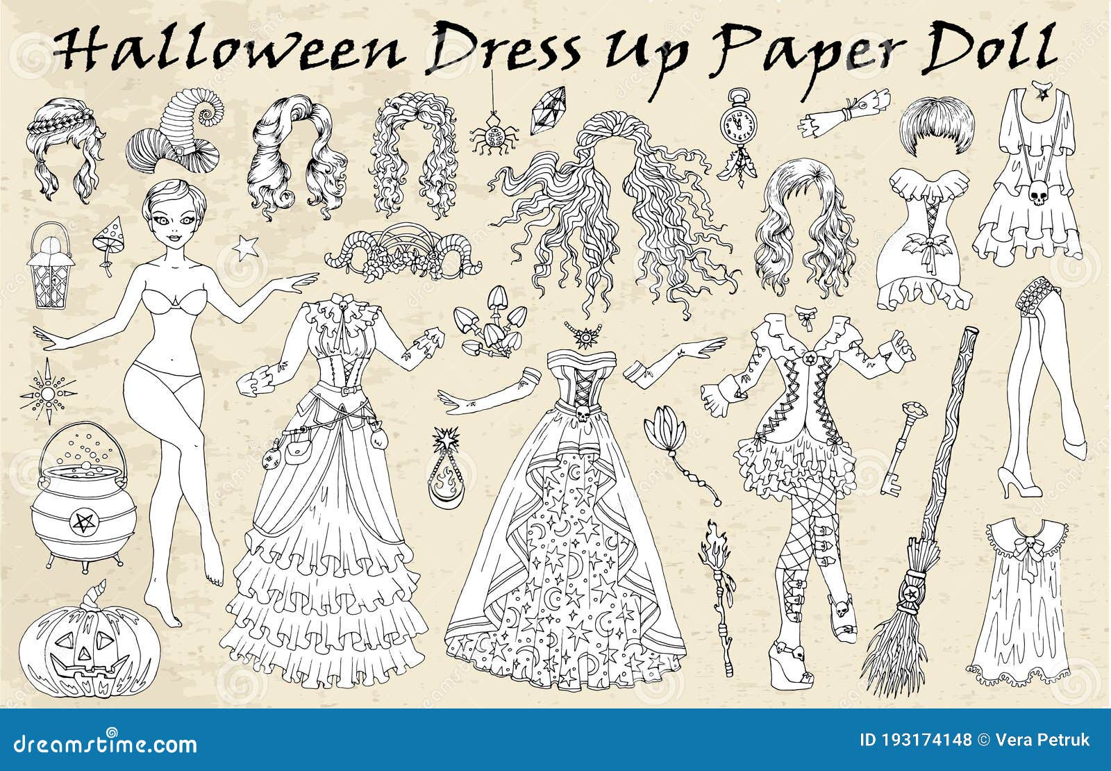 Set of dress up paper doll with halloween witch clothes pumpkin broom pot stock vector
