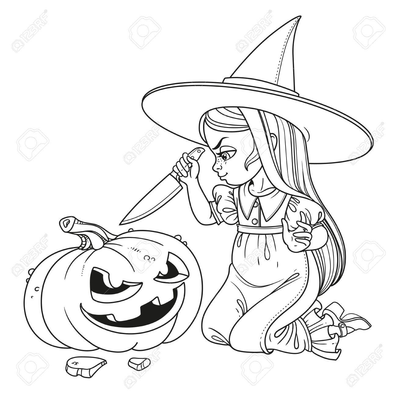 Sweet girl in witch costume sitting on the floor with a knife and cut the lantern from a pumpkin outlined coloring page royalty free svg cliparts vectors and stock illustration image
