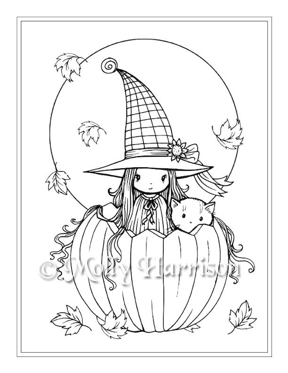 Whimsical witch with kitty in pumpkin instant download printable halloween fantasy molly harrison art coloring page jpg x