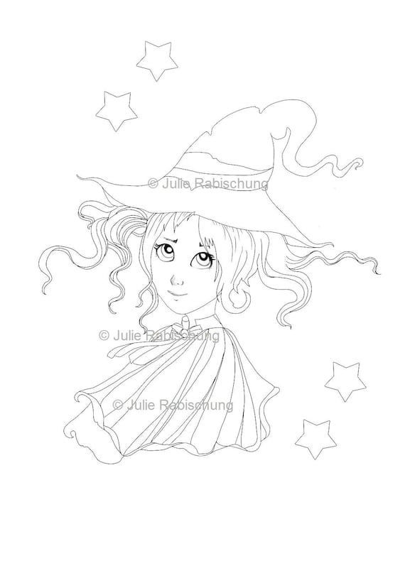 Cute witch coloring pagewitch and stars coloring page instant download printable coloring page fantasy coloring page witch digital stamp