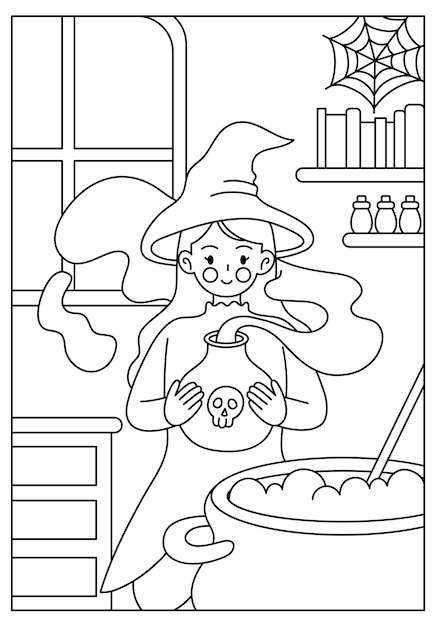 Premium vector cute halloween witch coloring page for kids printable