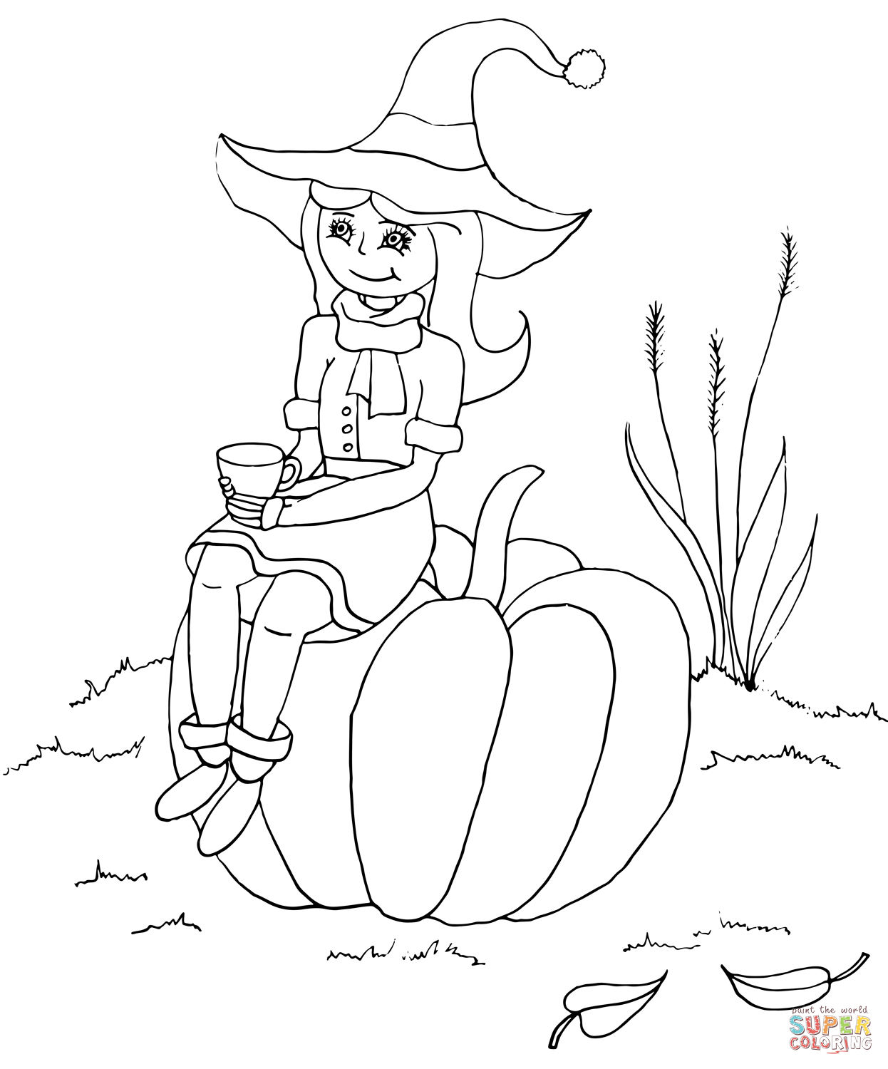 Halloween witch sitting on a pumpkin coloring page free printable coloring pages