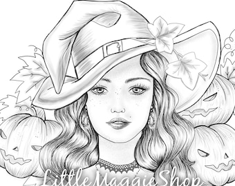 Coloring page halloween witch printable sheet halloween colouring page grayscale digital coloring stress relief digital stamp