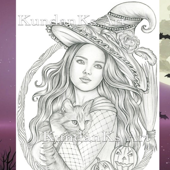 Cute witch adult coloring pages premium coloring pages grayscale page instant download aa printable