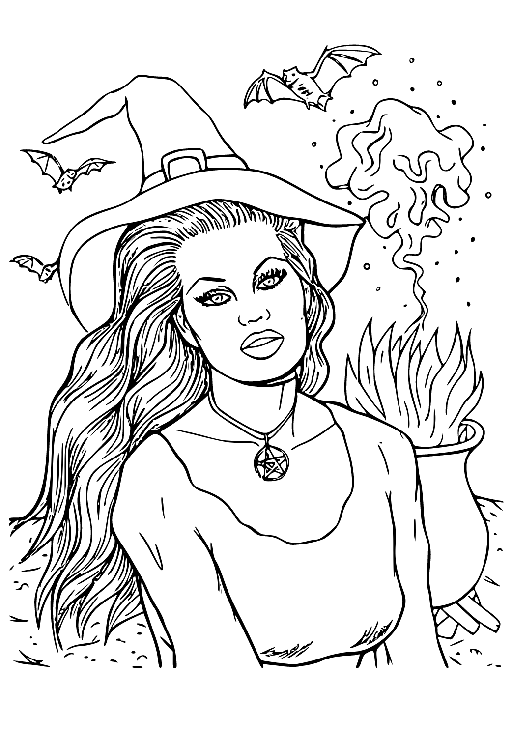 Free printable spooky witch coloring page for adults and kids