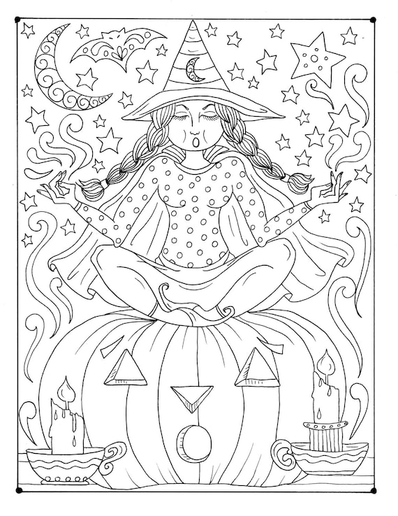 Zen witch instant download coloring page halloween funevilscarrycatmoonfalldigital