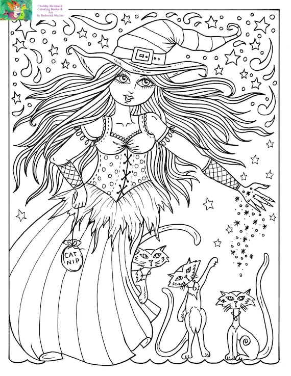 Downloadable coloring page witch and cats halloween fun coloring books adultsdigitaldigistampscat