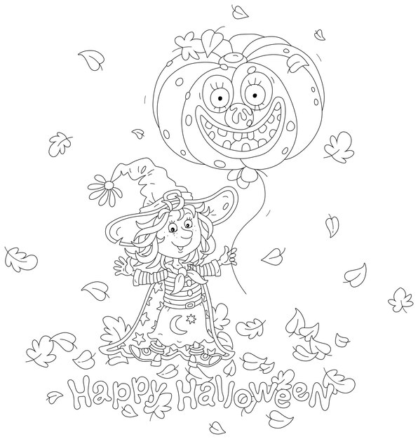 Premium vector halloween card with a little witch and a pumpkin balloon among flying autumn leaves