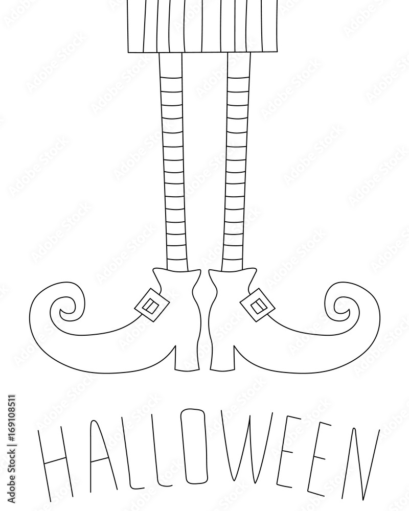 Halloween card design with witch legs antistress coloring book hand drawn elements for your designs dress poster card t