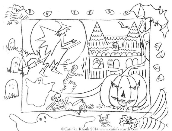 Halloween printable coloring note card digital download pdf catinka knoth