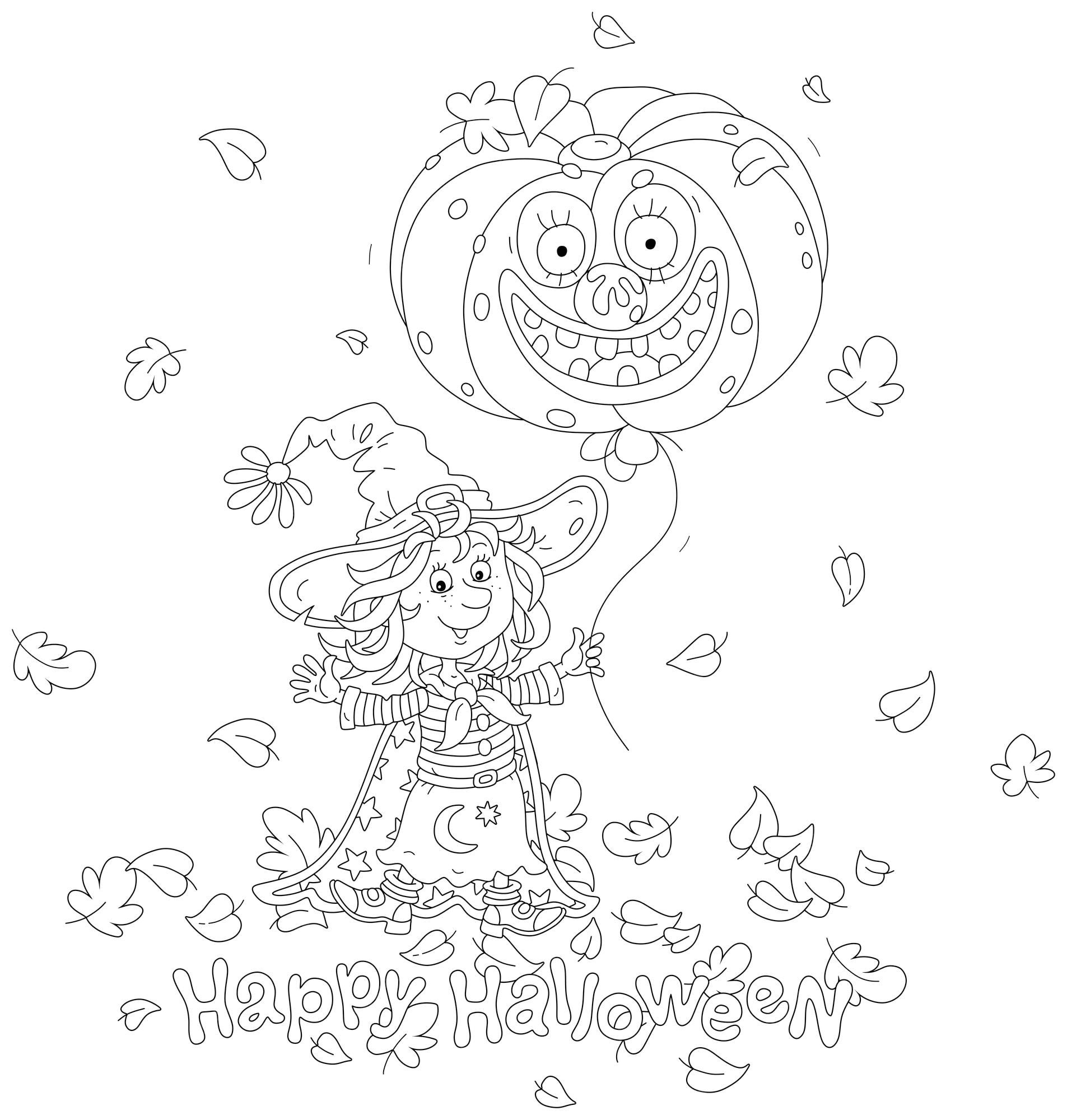 Premium vector halloween card with a little witch and a pumpkin balloon among flying autumn leaves