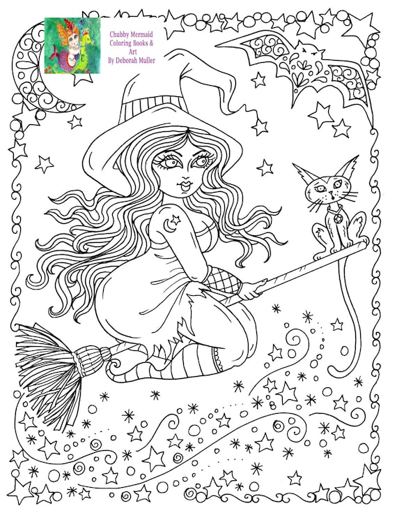 Instant download chubby flying witch halloween coloring page adult color spooky cutedigitaldigi stampdigifallcat