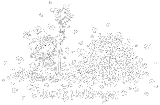 Premium vector halloween card with a happy little witch in her widebrimmed hat holding a magical flying broom near