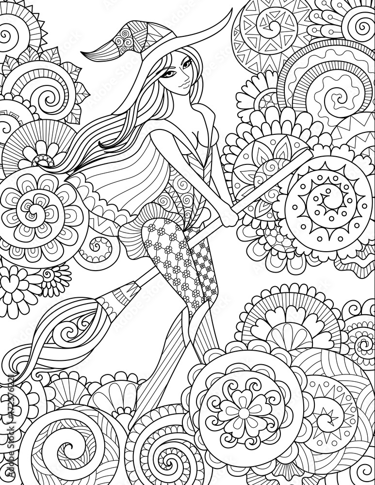 Pretty witch riding broom in the sky with floral clouds for halloween cardsinvitations and adult coloring book page photo