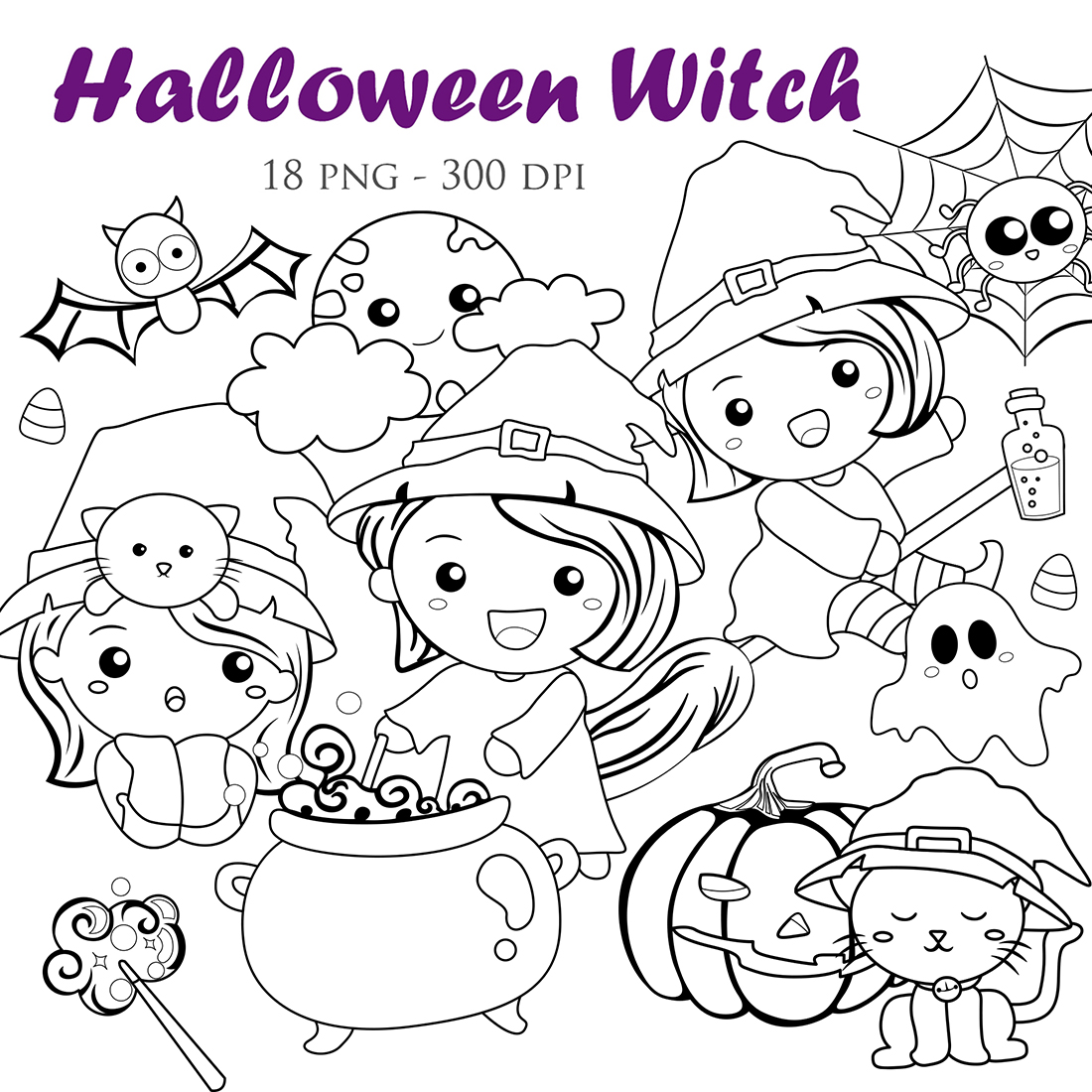 Cute girl with halloween witch costume and animals october event digital stamp outline