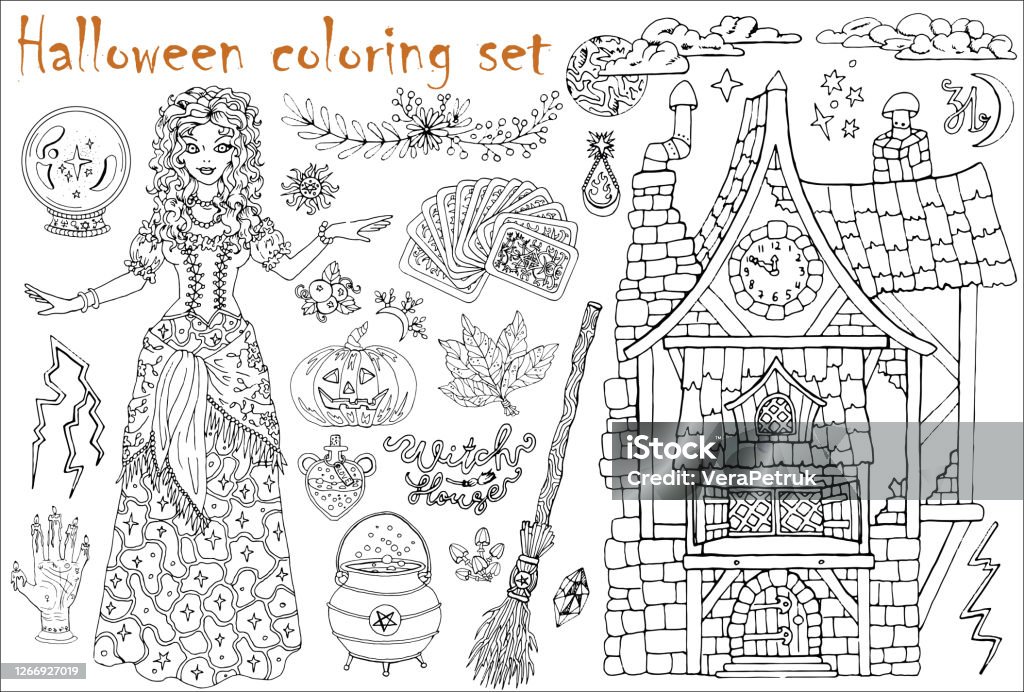 Halloween coloring set with beautiful witch girl whearing medieval gipsy costume tarot cards pumpkin broom stock illustration