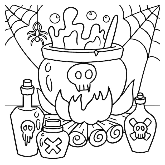 Premium vector witch cauldron halloween coloring page for kids