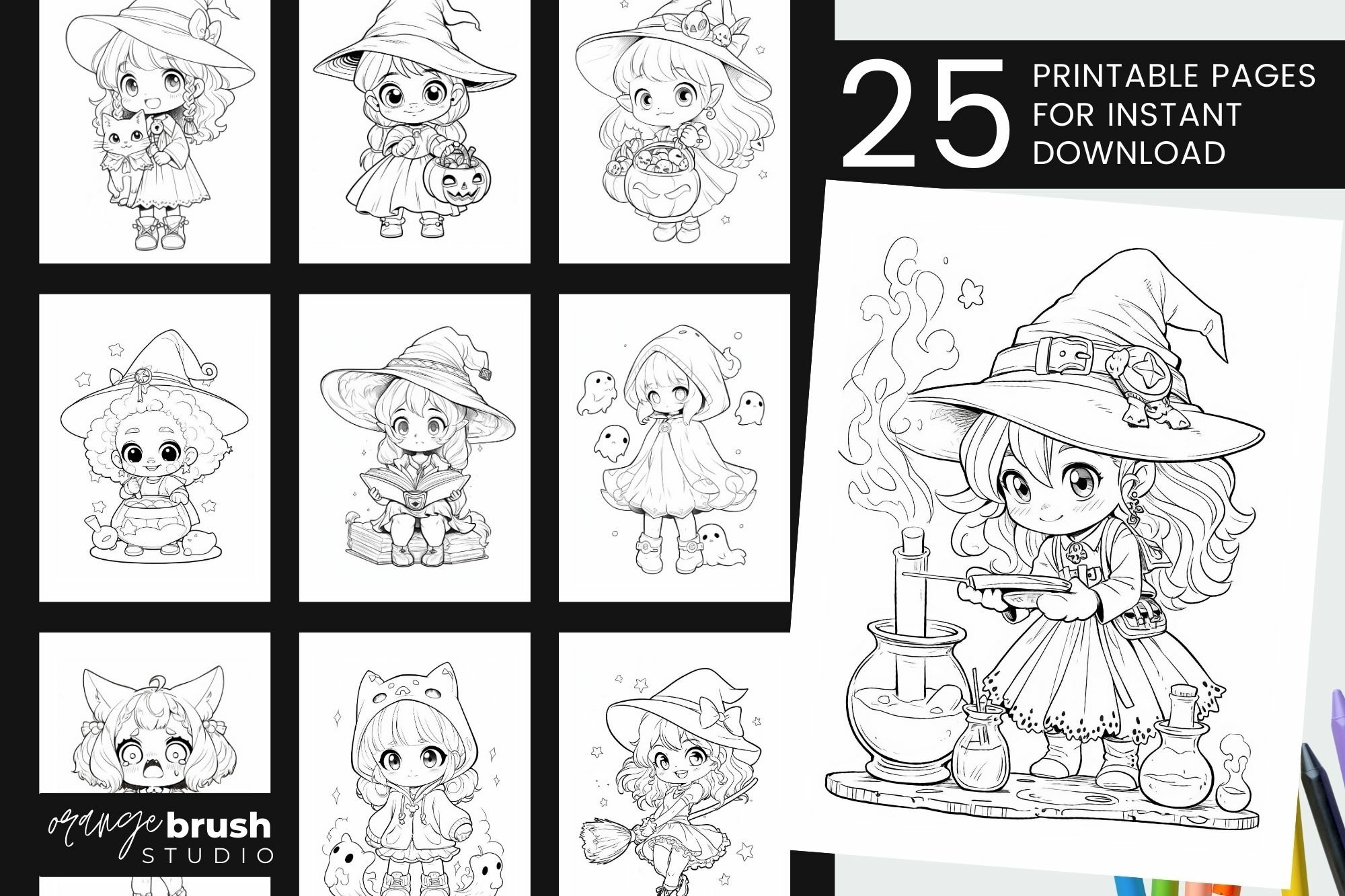 Chibi witch halloween coloring book for kids printable pdf