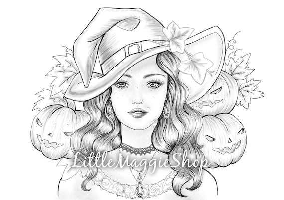 Coloring page halloween witch printable sheet halloween colouring page grayscale digital coloring stress relief digital stamp