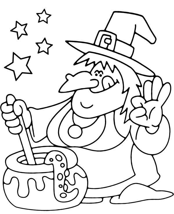 Funny witch coloring page for halloween